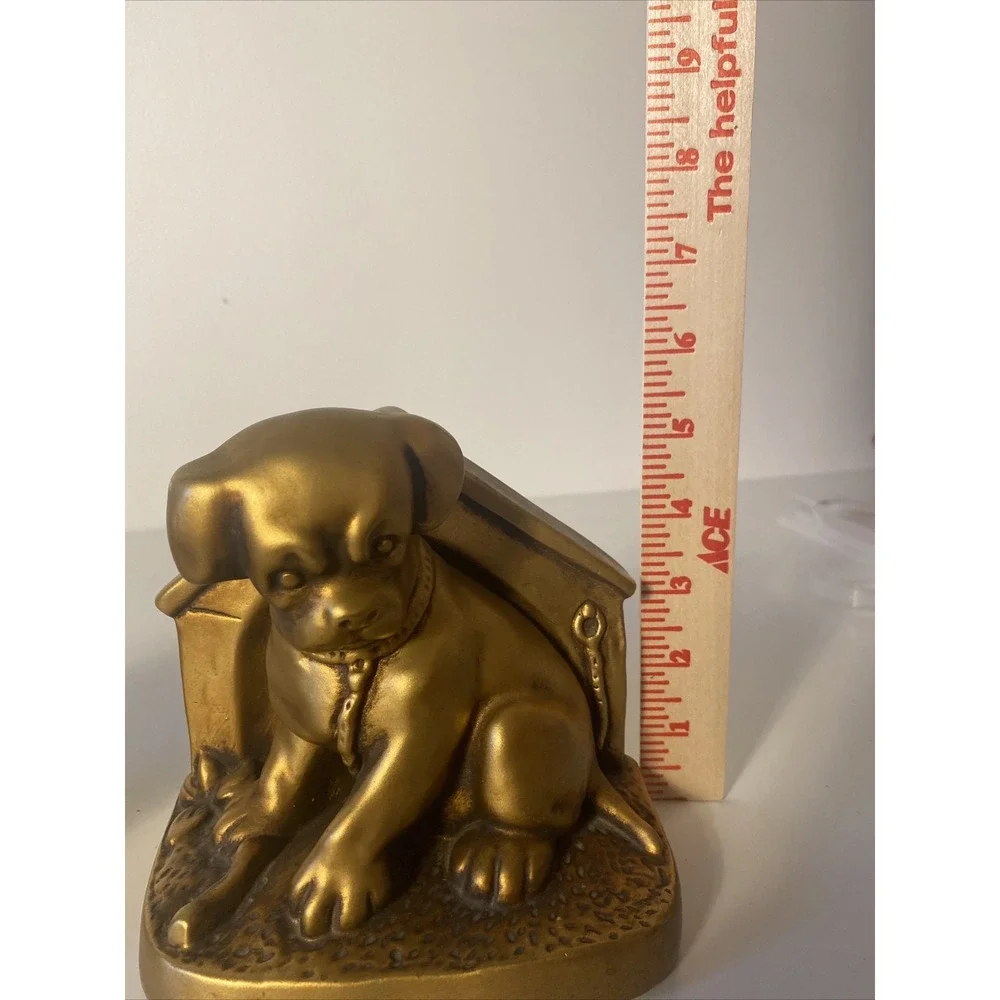 Gold Puppy Doghouse Bookends Vintage Chalkware Mid century